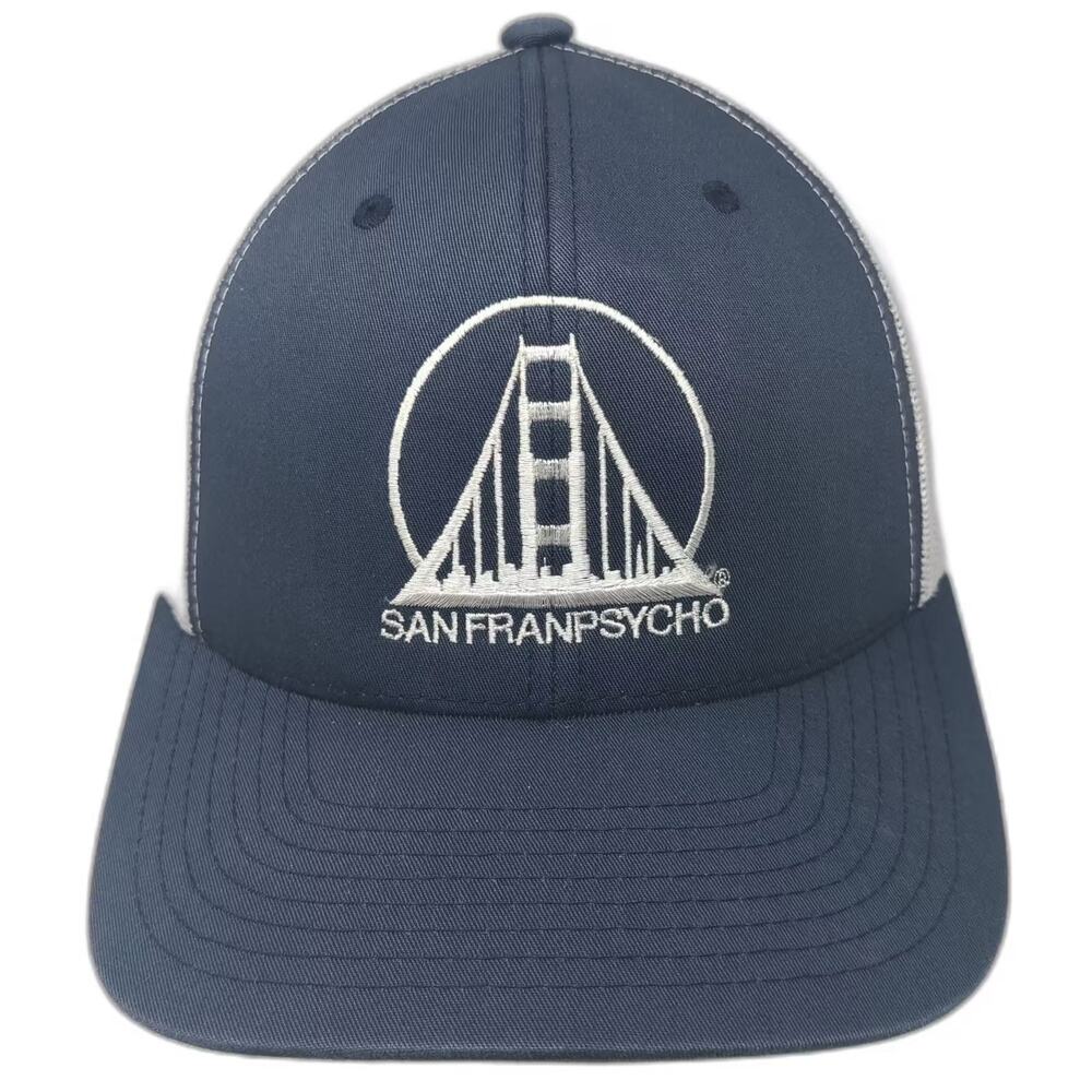 San Franpsycho Yupoong Trucker Hat Blue White Snapback OSFM Golden Gate Bridge
